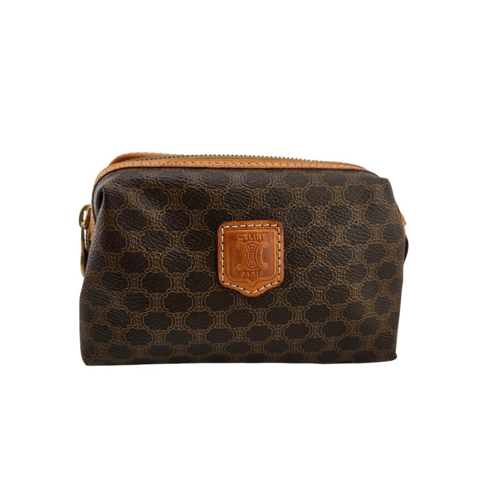 Celine Vintage Macadam Monogram Cosmetic Pouch Brown Coated Canvas Made in Italy